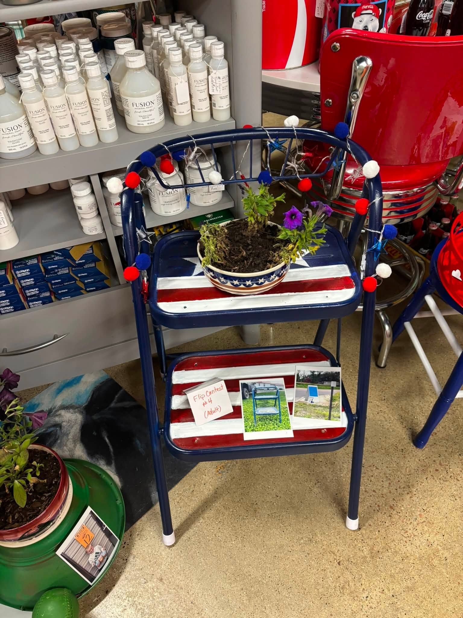 Flip Contest entry — patriotic red, white and blue step stool with flag design and potted flower
