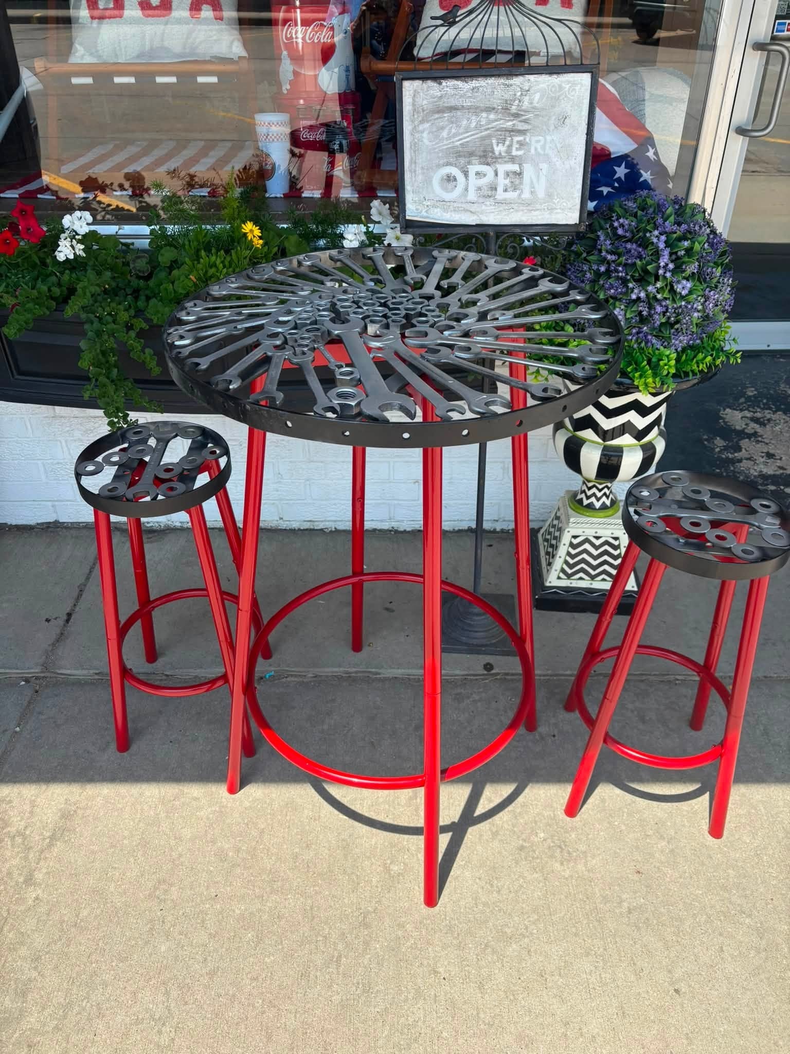 Flip Contest entry — wrench and bolt mosaic pub table with red legs and matching stools