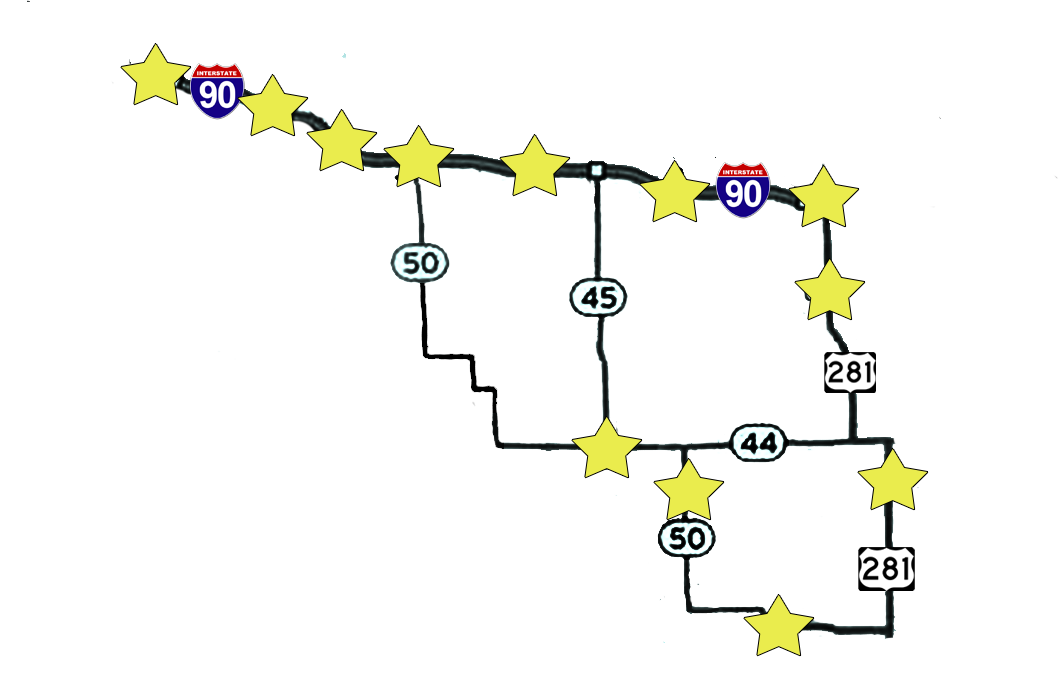 Map of the Scavenger's Journey route through 12 South Dakota communities